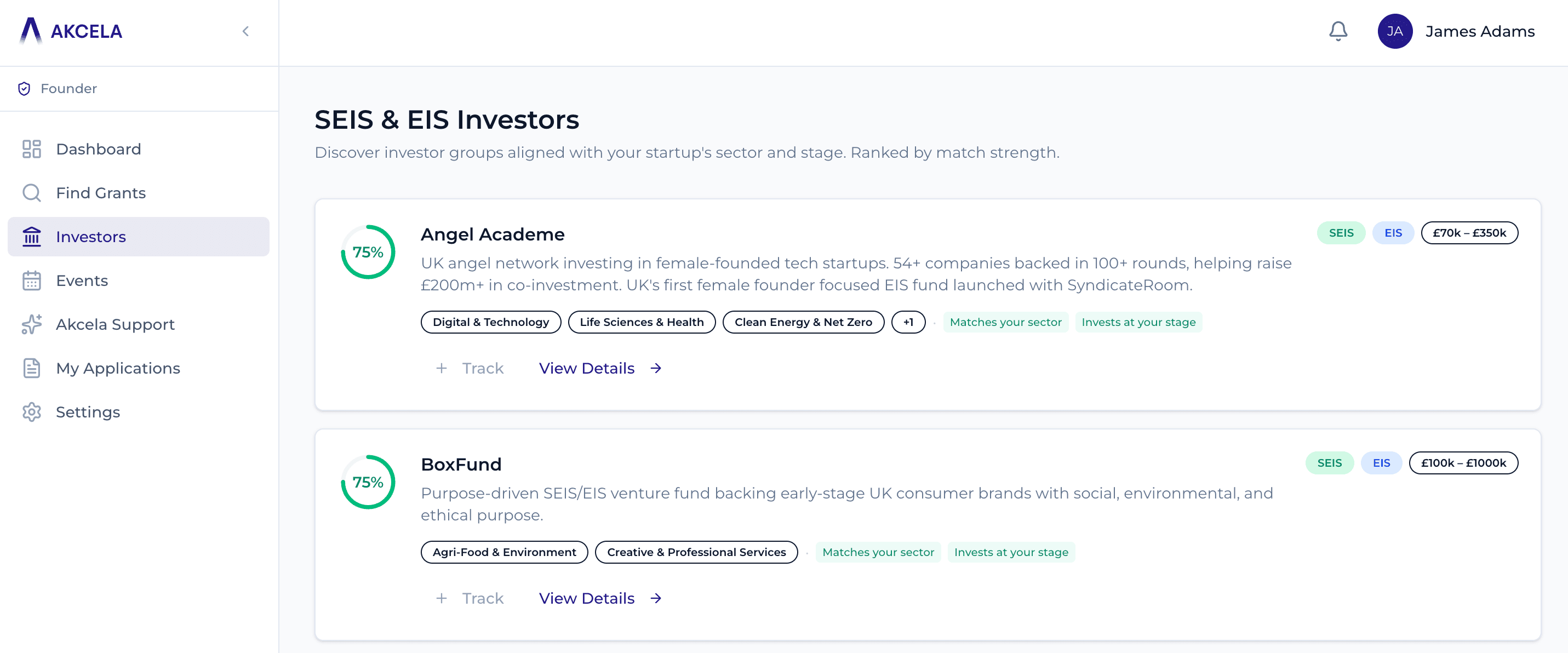 The Akcela Startup Portal investor directory showing SEIS and EIS investor groups ranked by relevance with sector tags